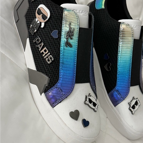 Karl Lagerfeld Kids Black and White Sneakers with Iridescent Blue Accents